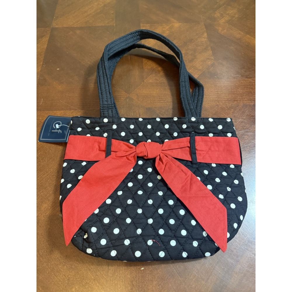 C&F Quilted Coquette Tote Bag Black White Polka Dot Red Bow‎ Purse